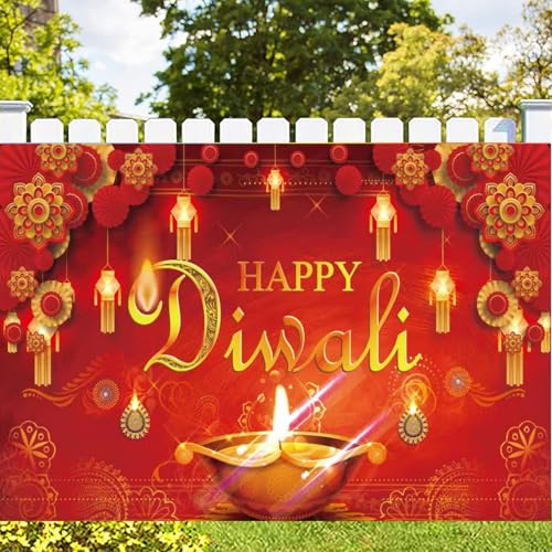 KYMY Happy Diwali Backdrop Decorations, India Festival Diwali Banner 70.9X43.3inch, Polyester Durable Festival of Lights Rangoli Photography Background for Indian Party Supplies Decor - color: Red