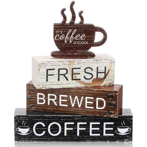 Geelin 4 Pcs Coffee Bar Decor Wood Blocks Mini Coffee Bar Wooden Signs Book Stacks Accessories Rustic Table Sign Farmhouse Tiered Tray Decor for Home Table - style: Coffee