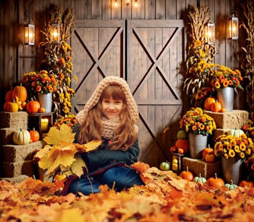 Fall Thanksgiving Backdrop 10x8ft Autumn Farm Rustic Barn Door Harvest Pumpkin Hay Photography Background Thanksgiving Party Decorations Banner Photo Studio Props