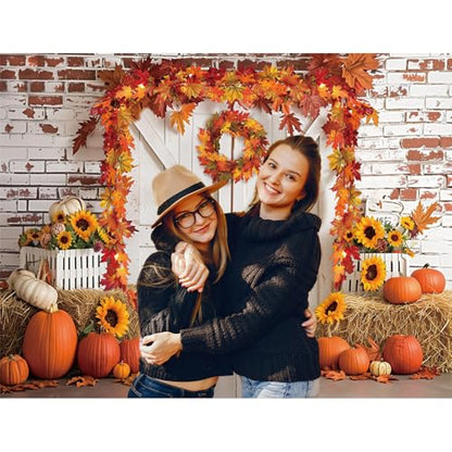 MEHOFOND 10x7ft Fall Thanksgiving Photography Backdrop Autumn Rustic Barn Wooden Door Brick Wall Background Pumpkin Maple Wreath Haystack Sunflower Harvest Party Decorations for Portrait Photo Props - size: 10x7ft