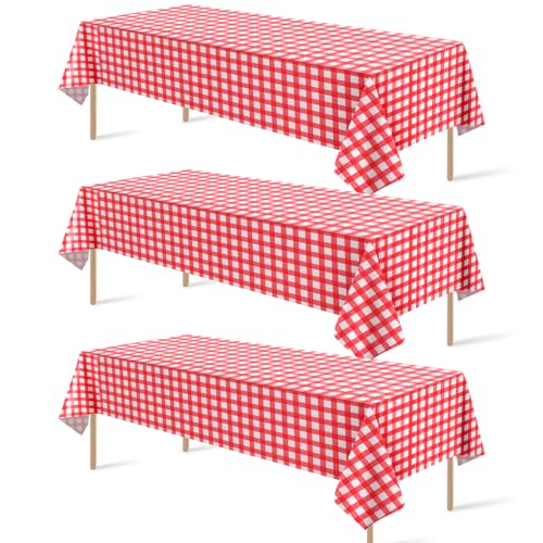 3 Pack Red and White Plastic Checkered Tablecloth, Premium Decorative Disposable Red Gingham Plaid Table Cloths for Parties, Rectangle Party Table Cover for Picnic Farm Birthday Wedding, 54x108 Inch - color: Red Checkered, size: 54"x108"-3 Pack