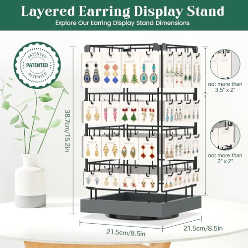 EsLuker.ly Rotating Earring Display Holder Stand for Vendors Events Selling, Large Capacity 64 Hooks Jewelry Rack with Wooden Base for Earring Card Sales, Enhances Retail Visibility(Dark Grey) - color: Dark Grey+Black