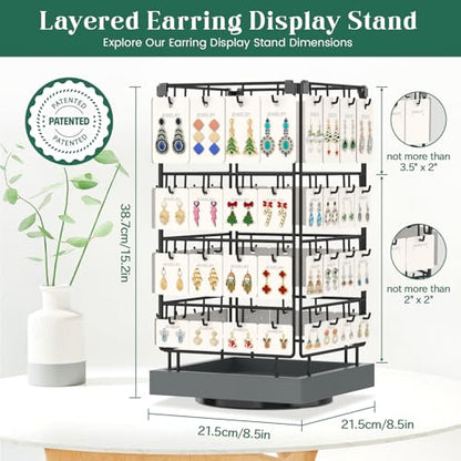 EsLuker.ly Rotating Earring Display Holder Stand for Vendors Events Selling, Large Capacity 64 Hooks Jewelry Rack with Wooden Base for Earring Card Sales, Enhances Retail Visibility(Dark Grey) - color: Dark Grey+Black