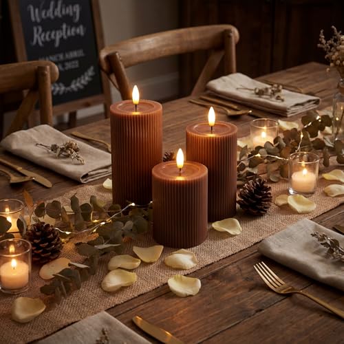 Fluted Ribbed LED Pillar Candles, Brown, with Realistic Reflective Melted-Wax Effect – Flickering Flame, Remote, Dimmable, Flameless, Battery Operated, Home & Wedding Decor (Set of 3) - color: Brown