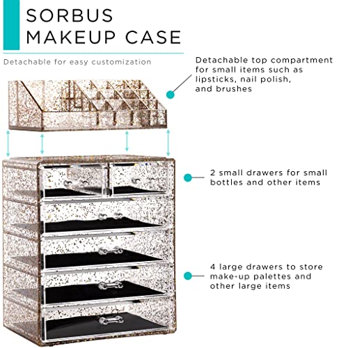 Sorbus Acrylic Makeup Organizer Set, 6-Drawer Vanity & Countertop Cosmetic Storage with Small & Wide Compartments, Glitter Makeup Storage for Brushes, Jewelry – Holiday Gift for Women & Teens - color: Glitter, size: 4 Large, 2 Small Drawers