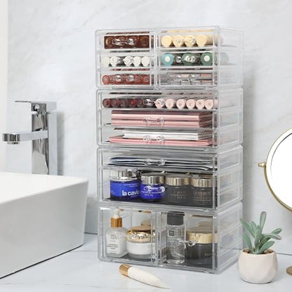 Cq acrylic 4 Pack Clear Acrylic Drawer Organizer Countertop,Stackable 13 Drawers Makeup Storage, Cube Make up Organizer for dresser Hair Clip,Beauty Product Desk and Bathroom Organizers and Storage - size: Large 13 Drawers