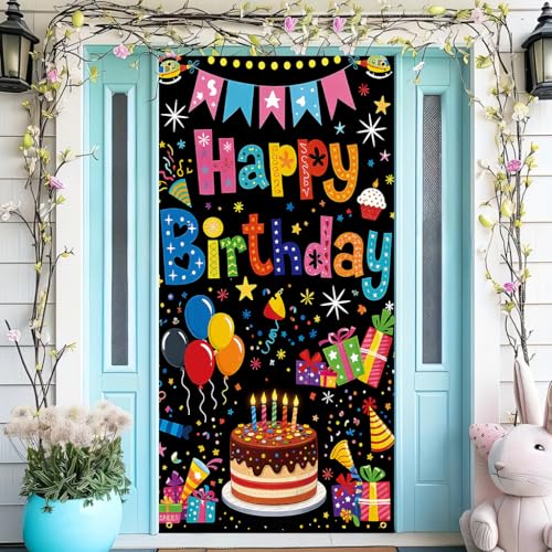 Happy Birthday Door Banner Backdrop (30 x 75 inches) - Colorful Party Porch Decoration, Birthday Celebration and Party Decorations - Birthday Hat Balloon Elements - color: multicolored#mf2602003