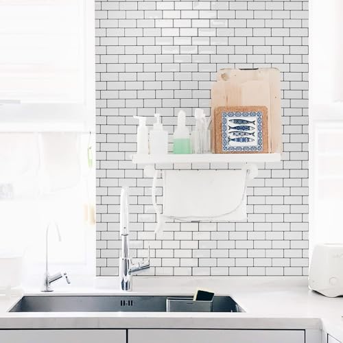 Art3d 10-Sheet Peel and Stick Backsplash Tile for Kitchen - 12”×12” Stick on Wall Tile for Kitchen Bathroom Countertop Living Room, Warm White with Black Grout - color: Warm White With Black Grout