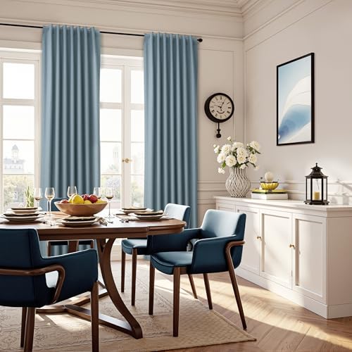 Guken Blue Linen 100% Blackout Curtains for Bedroom 84 Inches Long 2 Panels Set Back Tab Hook Belt Drapes Black Out Light Blocking Thermal Insulated Privacy Living Room Nursery Modern Farmhouse 52x84 - color: Blue, size: 52"W x 84"L (Pack of 2)