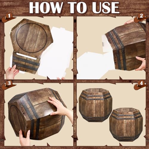 Threehoney 8 Pcs Western Cowboy Party Decorations 11.8 Inches Summer Halloween Hay Bales Boxes Decor Include Wood Grain Wine Barrel Boxes Hay Decoration for Pirate Farmhouse Western Themed Party