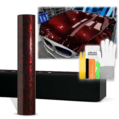 20"x60" (1.6FTx5FT) Red PET Marble Forged Carbon Fiber Textured Gloss Vinyl Wrap Auto Car Sticker Decal Film Sheet Bubble Free Air Release Technology with Tool Kit - color: Red, size: 20"x60" (1.6FTx5FT)