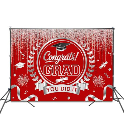 Graduation Backdrop Congrats Grad You Did It Party Decorations Background Congratulations Graduate Class of 2026 Banner Photo Booth Props (Red and Silver, 7x5ft) - color: Red and Silver
