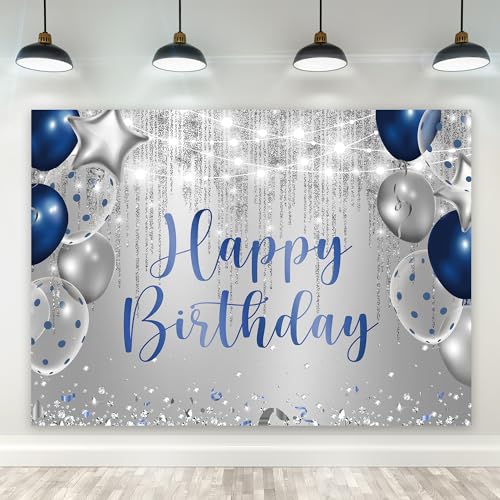 Riyidecor Royal Navy Blue Silver Happy Birthday Backdrop Balloon Diamond Sparkle Fluid Lights 5Wx3H Feet Polyester Fabric for Man Boys Photography Background Bday Table Decor Banner Studio Photo Shoot - color: A 01 Blue, size: 5Wx3H