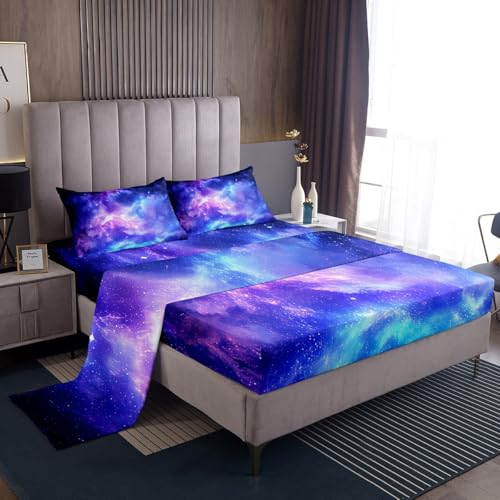 Purple Galaxy Bedding Set Twin Kids Teens Girls Boys Starry Sky Fitted Sheet Space Universe Star Design, Soft Breathable Microfiber Home Decorative 3 Pcs Bedding Decor Set with 1 Flat &1 Pillowcase - color: Wt3, size: Twin