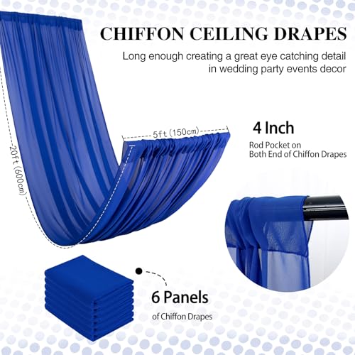 DUOBAO Royal Blue 5x20ft Chiffon Drapes | 6pc Elegant Sheer Wedding Backdrop Curtains | Perfect for Tent, Banquet Hall, and Photography - color: Royal Blue, size: 60"W x 240"L (Pack of 6)