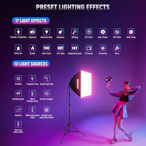 NEEWER 2 Pack 520W Equivalent RGB Softbox Lighting Kit with App Control & 9 Effects, 26W LED Bulbs CRI93+ TLCI98+, E26 Porcelain Sockets, 24" Softboxes for Studio Photography Lighting, NK800