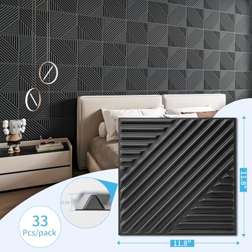 Art3d 33-Pack 3D Wall Panels for Interior Wall Decor, Textured Accent Wall Paneling for Living Room, Bedroom, TV Wall Background, 12"x12" Black - color: Black
