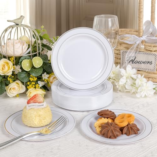 bUCLA 200PCS Silver Plastic Plates - 6.25inch White with Silver Trim Disposable Salad/Dessert/Appetizer/Small Cake Plates - Ideal for Wedding & Party - color: 6.25Inch-200pcs-Silver