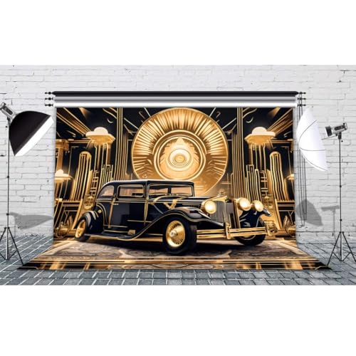 Roaring 20s Background 10x8ft Black Gold Retro Texture Background for 20's Prom Party Decor Portrait Photo Shoot 1920s Vintage Car Backdrop Photography Studio Set Props - size: 10x8ft