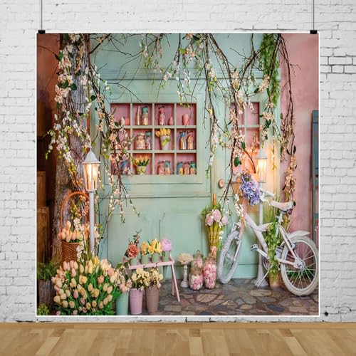 8x8ft Flower Shop Backdrop for Photography Bicycle Tulip Blossom Branches Green Florist Background Baby Shower Wedding Birthday Party Decor Kids Adults Portraits Photoshoot Photo Booth Props - size: 8x8ft