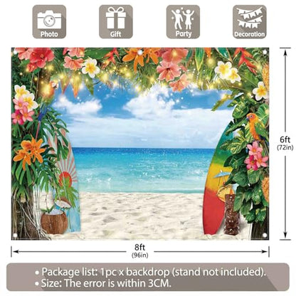 8x6ft Fabric Summer Hawaiian Beach Photography Backdrop Tropical Flower Palm Leaves Surfboard Background Aloha Luau Decorations Photo Banner - size: 8'x6'