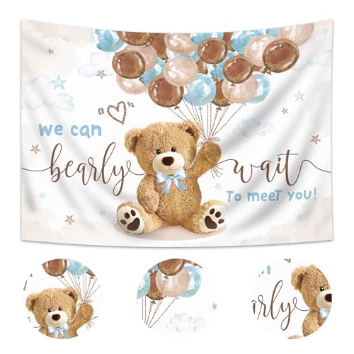 Bear Baby Shower Backdrop 8Wx6H Feet We Can Bearly Wait for Boys Balloons Gold Dots Cute Cartoon Polyester Fabric Newborn Photography Backgrounds Photo Shoot Decor Props Decoration - color: A-Brown Bear01, size: 8Wx6H(Large)