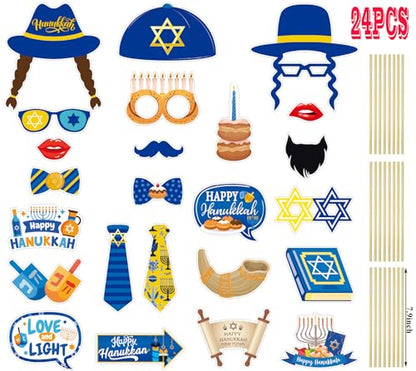 Hanukkah Photo Booth Props Party Supplies - Funny Jewish Chanukkah Party Favors Decorations - Jewish Holiday Cardstock Photo Props with Assembly Sticks - Set of 24 Counts