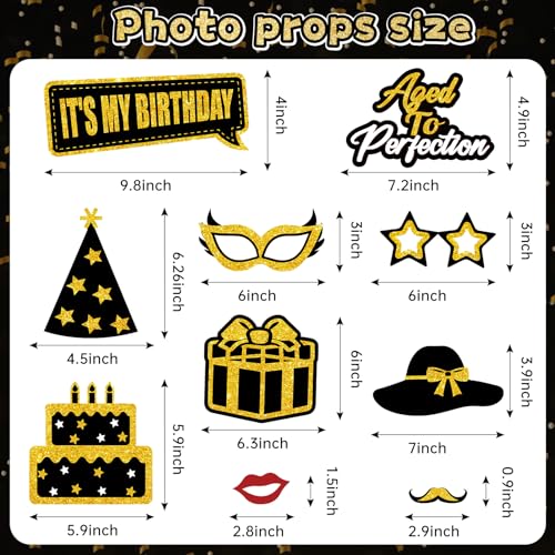 Turypaty Birthday Party Decorations for Boys & Girls - Black & Gold Photo Booth Props & Selfie Frame Set