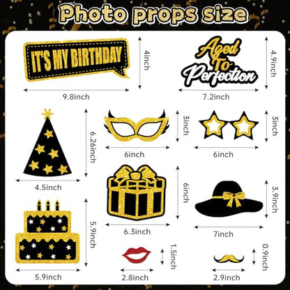 Turypaty Birthday Party Decorations for Boys & Girls - Black & Gold Photo Booth Props & Selfie Frame Set