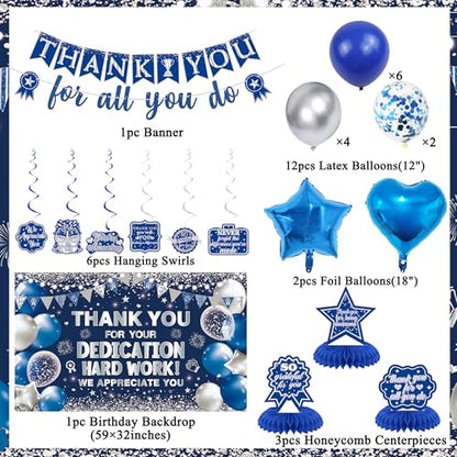 Vlipoeasn We Appreciate You Banner Decorations, Blue Silver Thank You for All You Do Backdrop Banner Honeycomb Centerpieces, Retirement Office Decor Staff Teachers Professors Doctor Nurses - style: Bue Silver