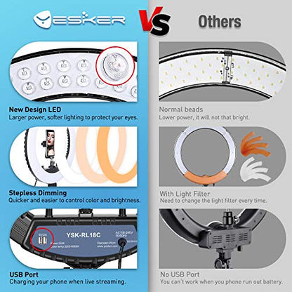 Yesker Ring Light 18 Inch with Stand Tripod Big Selfie Ringlight Adjustable 6000K Dimmable LED Portable Professional Ring Lights Kit Phone Holder for Camera Live Streaming Makeup YouTube Video TikTok - size: 18 in Led Ring Light