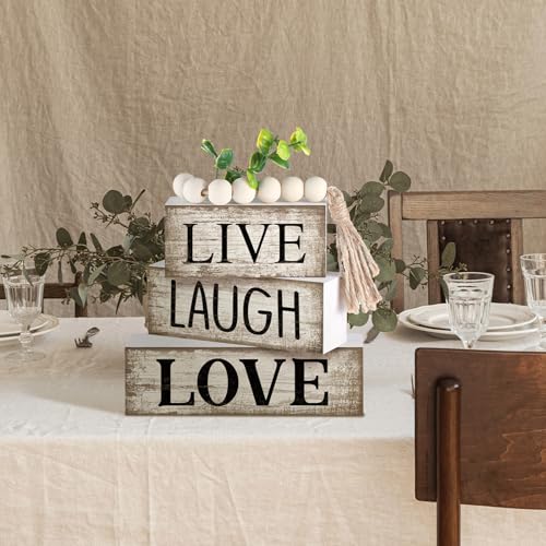 Yuntau 5 Pcs Rustic Farmhouse Tiered Tray Farmhouse Fake Books Decoration Life Laugh Love Wooden Tabletop Decor Love Block Decor Wood Block Sign Gift Centerpiece for Shelf Coffee Mantle Kitchen Table - style: Love