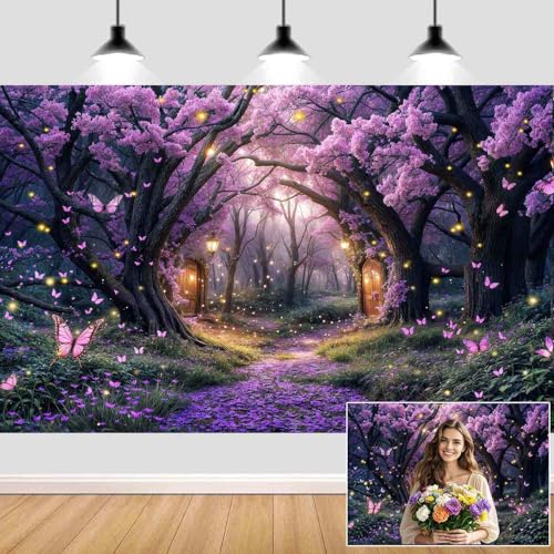 5X3ft Enchanted Forest Backdrop Fairy Tale Purple Wonderland Garden Tree House Floral Butterfly Photography Background for Kids Girl Baby Shower Birthday Party Decoration Banner Booth Props - color: Multi3, size: 5x3ft
