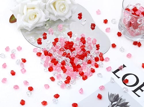 LAIDANLA 500PCS Mix Red Acrylic Gems Vase Fillers Fake Ice Crushed Rock Crystals Faux Diamond for DIY Craft Table Scatters Party Centerpieces Wedding Decor Accessories - color: Mixed Red