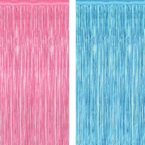 2 Pack Gender Reveal Decorations, 3.28 FT x 7.05 FT Pink and Blue Fringe Backdrop, Metallic Boy or Girl Foil Fringe Curtains Tinsel Backdrop Party Streamers, Birthday Party Decor Photo Booth Props - color: Pink Blue, size: 2 PCS