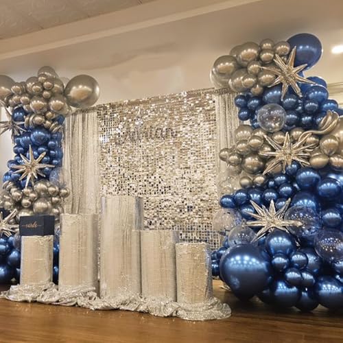 Blue Silver Balloons Set, 12 Inch Blue and Silver Balloons Dark Navy and Confetti Party Latex Balloon, Macaron Metallic Baby Blue Mixed Balloon for Birthday Graduation Baby Shower Wedding Retirement - color: Blue Silver