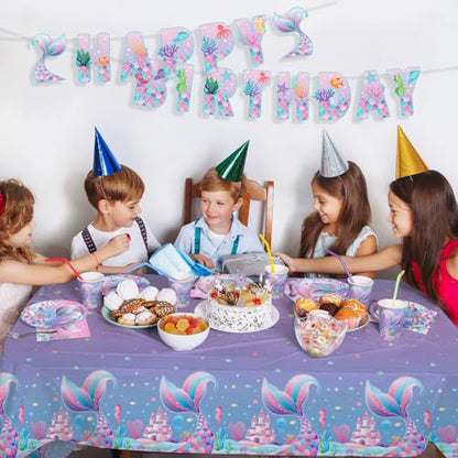 Gatherfun Mermaid Party Supplies Set: 2-Pack Rectangular Plastic Tablecloths, 54 x 108 Inches, Purple (Gradient) Mermaid Pattern, Kids & Girls 1st Birthday Decorations - style: mermaid