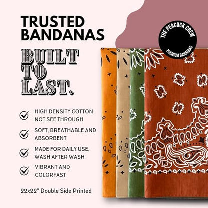 The Peacock Crew Premium Soft Cotton Bandanas Pack for Men and Women Paisley 22 x 22 inches - color: Pack of 4 Earthy Essentials
