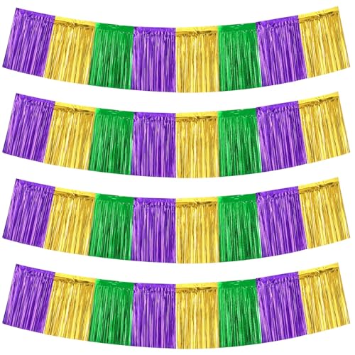 4 Packs Foil Fringe Garland Tinsel Streamers Shiny Wall Hanging Birthday Banner Backdrop for Wedding Anniversary Celebration Happy Birthday Party Decorations Purple Gold Green - color: Purple Gold Green