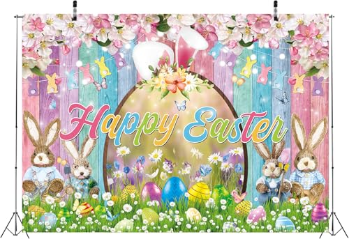 Happy Easter Backdrop Colorful Wood Easter Photography Background Spring Flower Bunny Eggs Backdrop for Spring Themed Party Decoration Banner (70x40 inch (6x4FT)) - size: 70x40 inch (6x4FT)