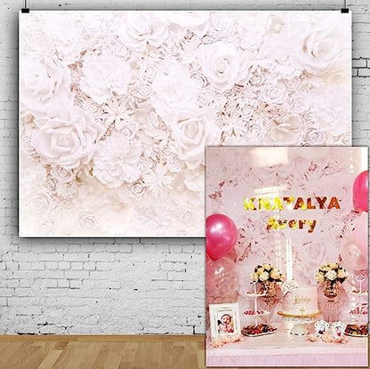 AOFOTO 7x5ft White Flowers Wall Backdrop Elegant Roses Romantic Wedding Decor Bridal Shower Photography Background Baby Girl Artistic Portrait Valentines Mother's Day Photoshoot Studio Props Wallpaper - size: 7x5ft