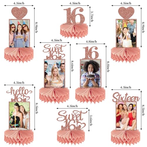 Guiruiy 8Pcs Happy 16th Birthday Decorations Honeycomb Centerpieces for Girls, Pink Rose Gold Glitter Sweet 16 Birthday Photo Table Centerpieces Party Supplies, Pink Sixteen Bday Photo Table Topper - style: Rose Gold 16th