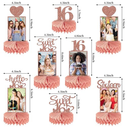 Guiruiy 8Pcs Happy 16th Birthday Decorations Honeycomb Centerpieces for Girls, Pink Rose Gold Glitter Sweet 16 Birthday Photo Table Centerpieces Party Supplies, Pink Sixteen Bday Photo Table Topper - style: Rose Gold 16th