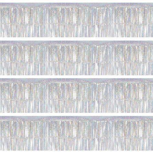 4 Packs Foil Fringe Garland Tinsel Streamers Shiny Wall Hanging Birthday Banner Backdrop for Graduation Wedding Anniversary Celebration Happy Birthday Party Decorations Glitter Silver - color: Glitter Silver
