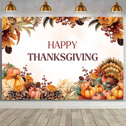 MEHOFOND 7x5ft Happy Thanksgiving Backdrop Autumn Pumpkin Turkey Thanksgiving Party Decorations Banner Fall Thanksgiving Day Party Photography Background Sign Poster Banner, Yellow - color: Turkey, size: 7x5ft