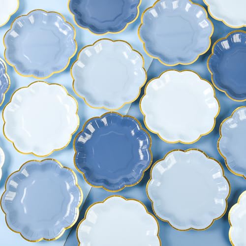 AimFun 48 Pcs Dusty Blue Party Plates Gradient Blue Dessert Paper Plates 7inch Gold Foil Scalloped Edge Disposable Cake Plates for Tea Party Birthday Bridal Baby Shower Wedding Party Supplies - color: Dusty Blue