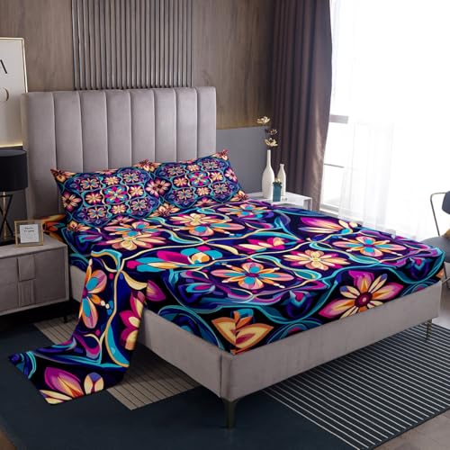 Feelyou Boho Bed Sheets Set King Size Southwestern Geometric Bedding Set for Kids Boys Girls Southwest Native American Design Sheets with Deep Pocket Fitted Sheet Tribal Bedding Set - color: Aubergine, size: King