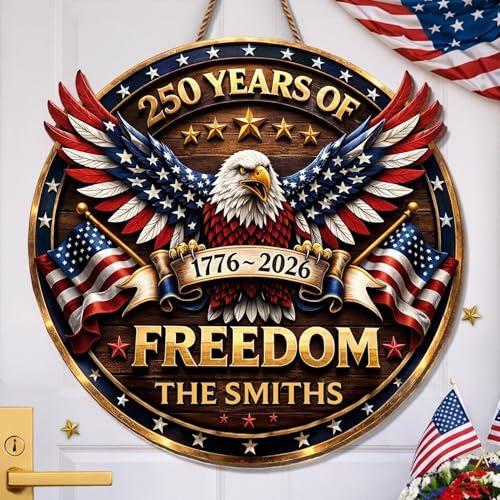 Personalized 250th Anniversary Patriotic Wood Wreath Door Sign 1776-2026, Custom Family Name Round Door Hanger, Independence Decor, Decoration Gifts, Gift For Mom, Dad, Brother, Family /4 - color: Design 04