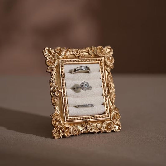 Vintage Gold Ring Holder 3.94x3.54 In,Suede Lined Jewelry Display Stand, Engagement Ring holder Photography Prop for Wedding Decor, Bridesmaid & Engagement Gift - color: White