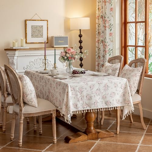 VClife Shabby Chic Pink White Floral Tablecloth for 6-8 Seaters (60"x102") Washable Cotton Linen Table Cloth with Tassel for Christmas Thanksgiving Dinning Party Kitchen Home - color: Pink Flowers, size: 102" x 60" (Rectangular)
